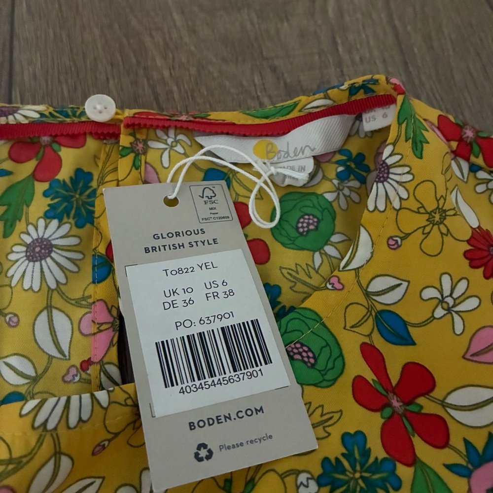 Boden glorious British style Yellow Floral Women's Blouse, size 6, new - Picture 4 of 7